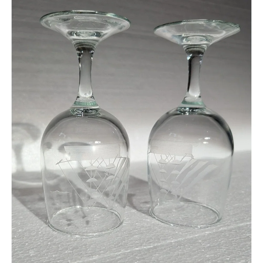 PAIR JAVIT Clipper Collection Etched Glass Sail Ship‎ Wine Glass 10 oz VTG 6.5